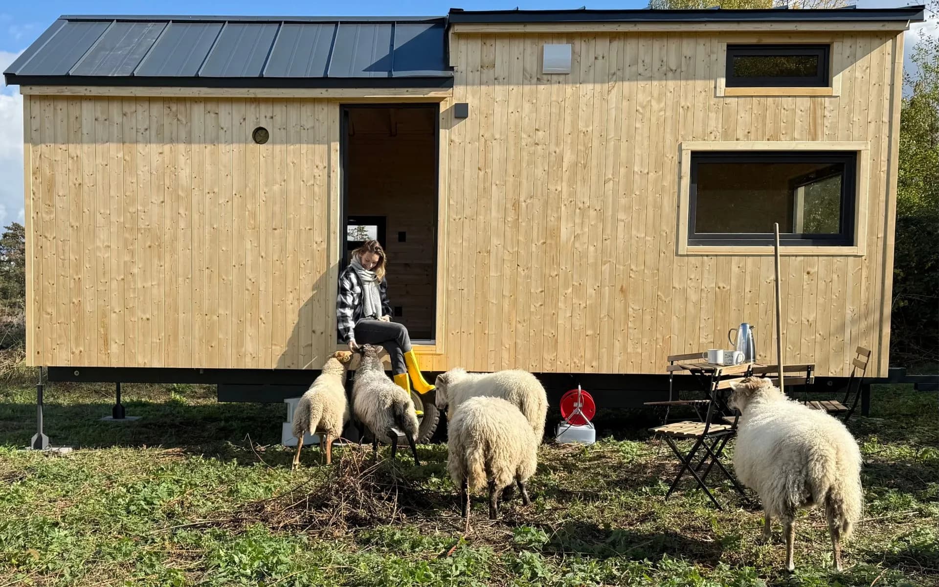 Nikol sedí ve dveřích tiny housu, kolem ní ovce